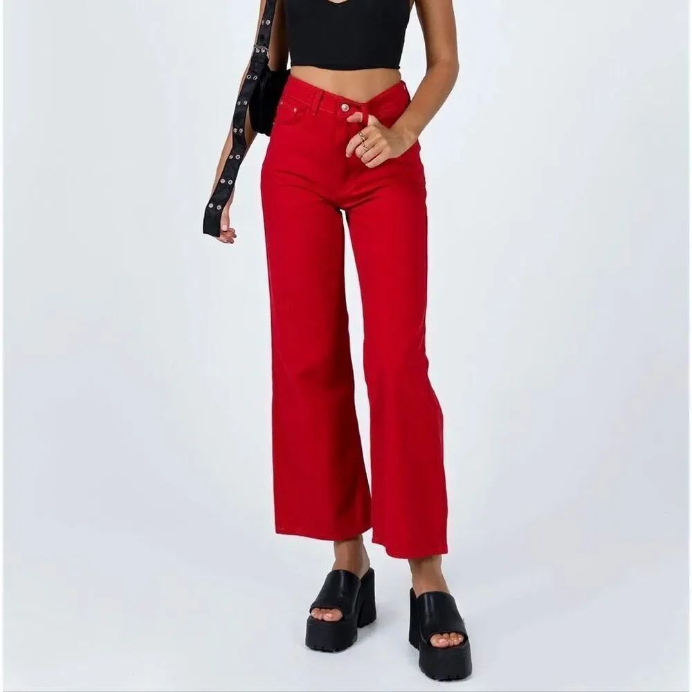 NWOT Princess Polly Denver Red High Rise Wide Leg Denim Jeans Women's 6US